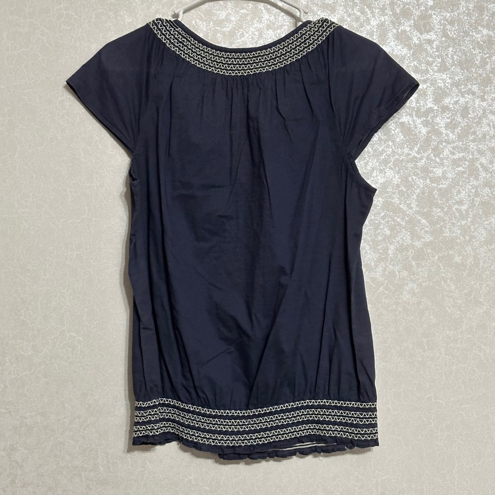 Ann Taylor LOFT Embroidered V-neck Top Blouse Short Sleeve Navy Blue Bohemian S - Picture 2 of 4